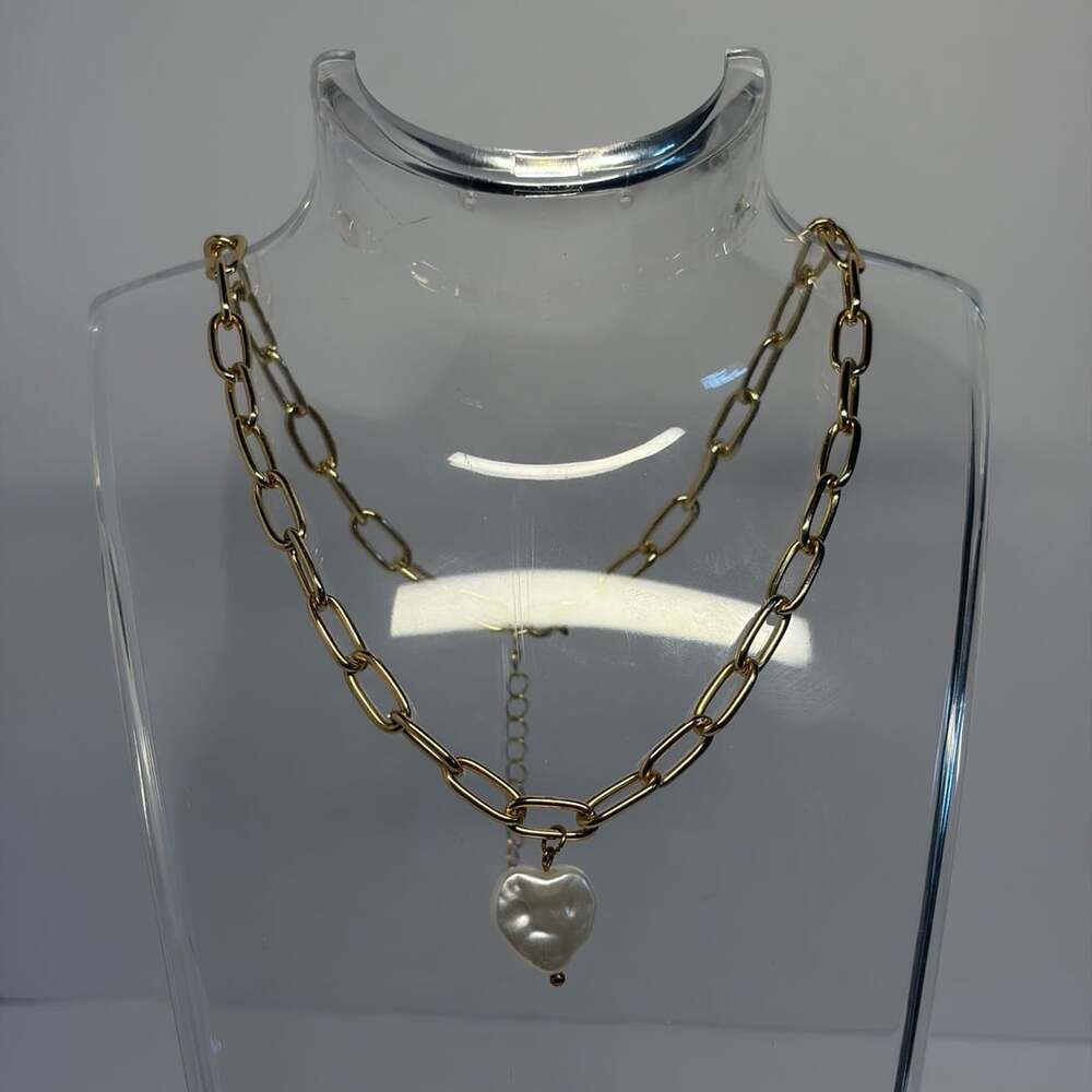 Faux Pearl Heart Double Layer Stainless Steel Gold Tone Paperclip Chain Necklace